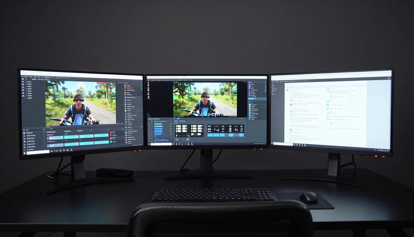 Triple monitor streaming setup with transcription software