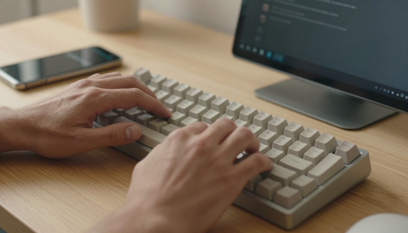 Hands typing on mechanical keyboard with phone showing live stream captions