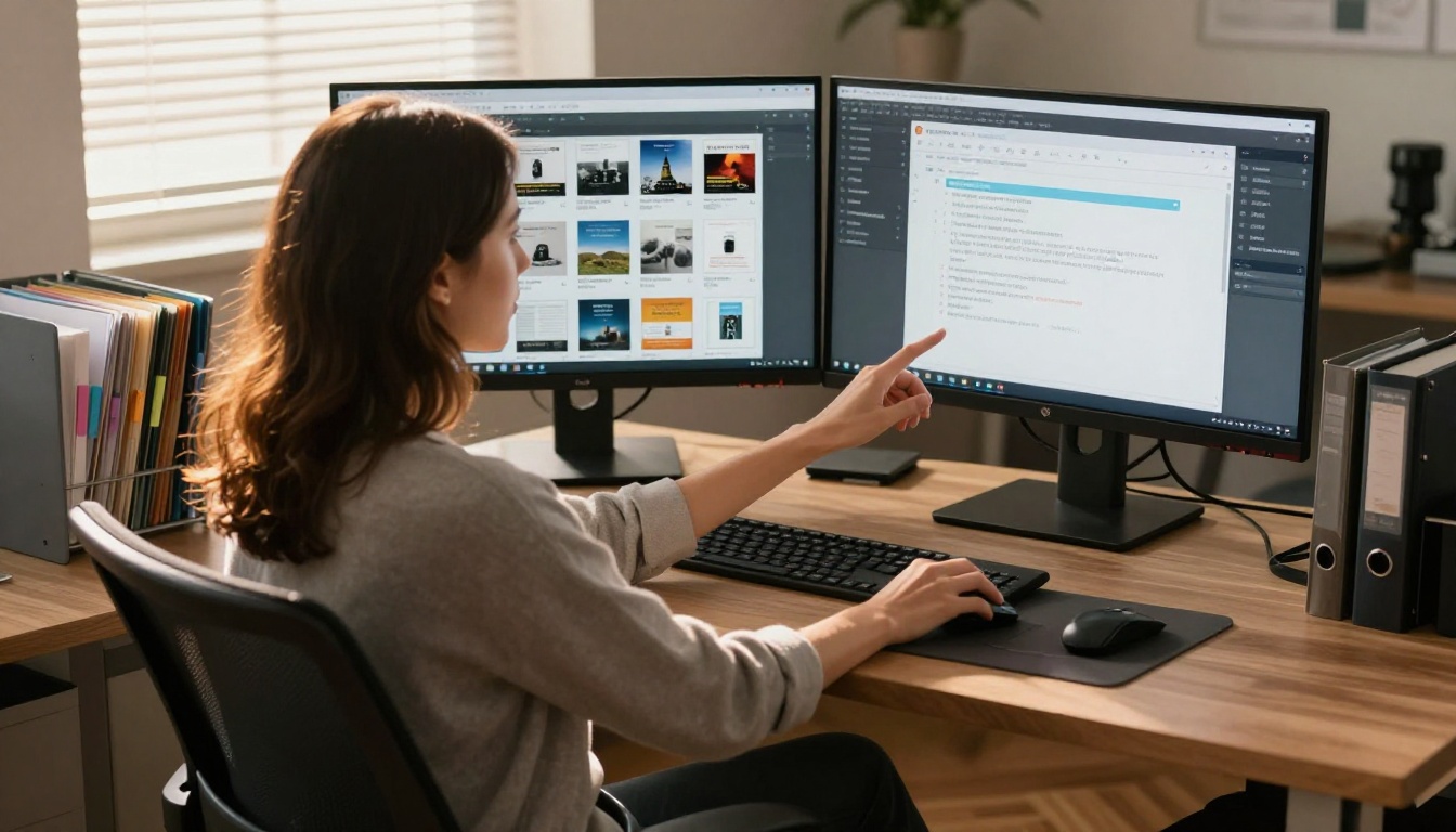 Woman organizing digital archives across dual monitors in a home office