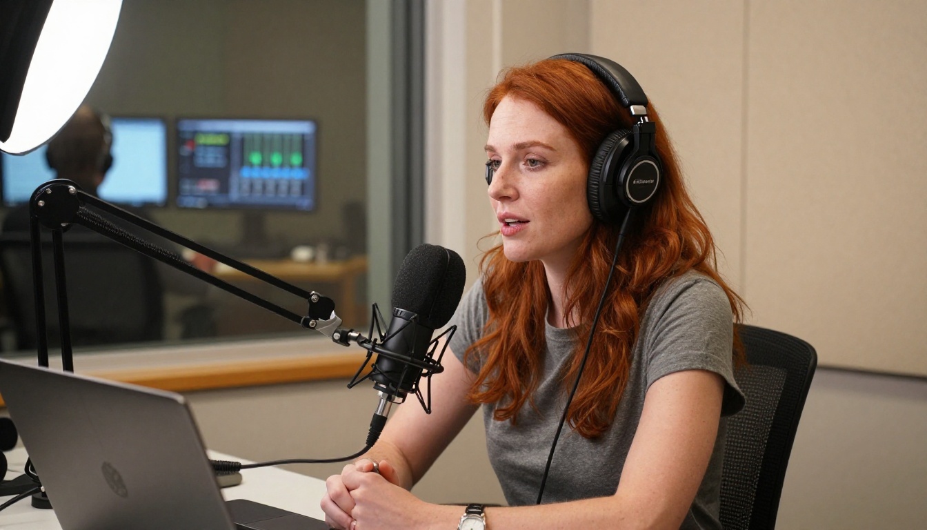 Podcast host speaking into microphone with live caption display