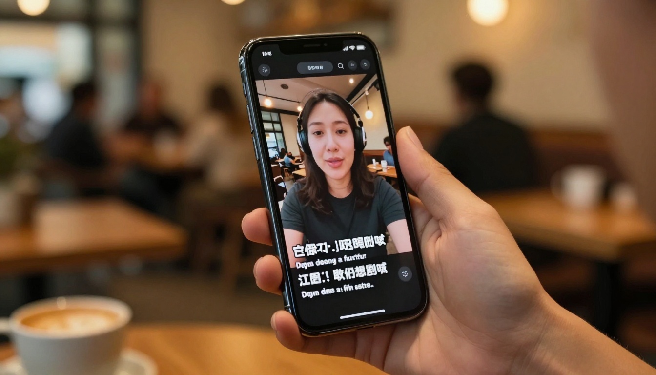 Smartphone showing live stream with caption subtitles