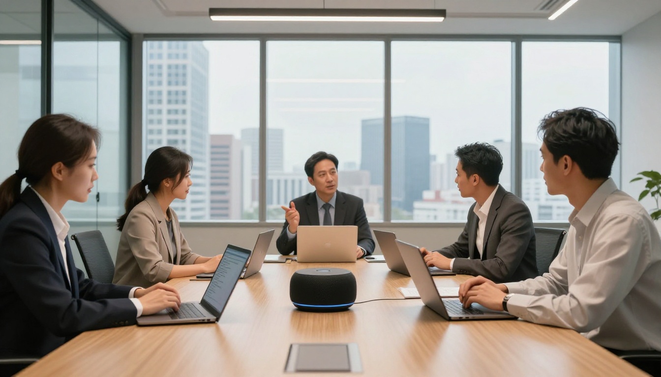 Modern conference room with team reviewing transcripts on laptops together