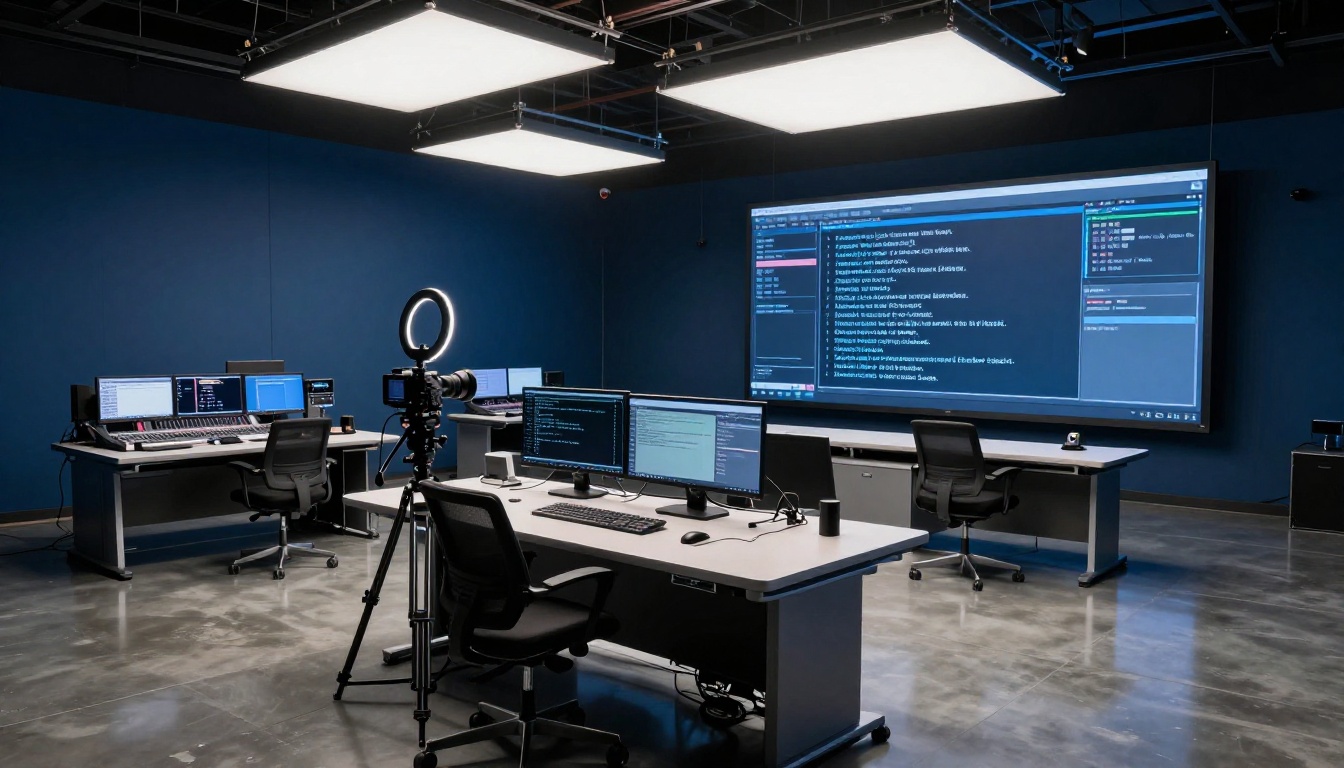 Professional broadcast studio with speech recognition interface on monitor