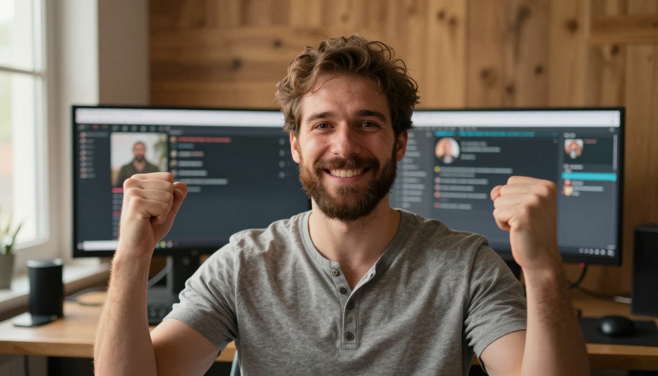 Content creator smiling at streaming setup with live captions on screen
