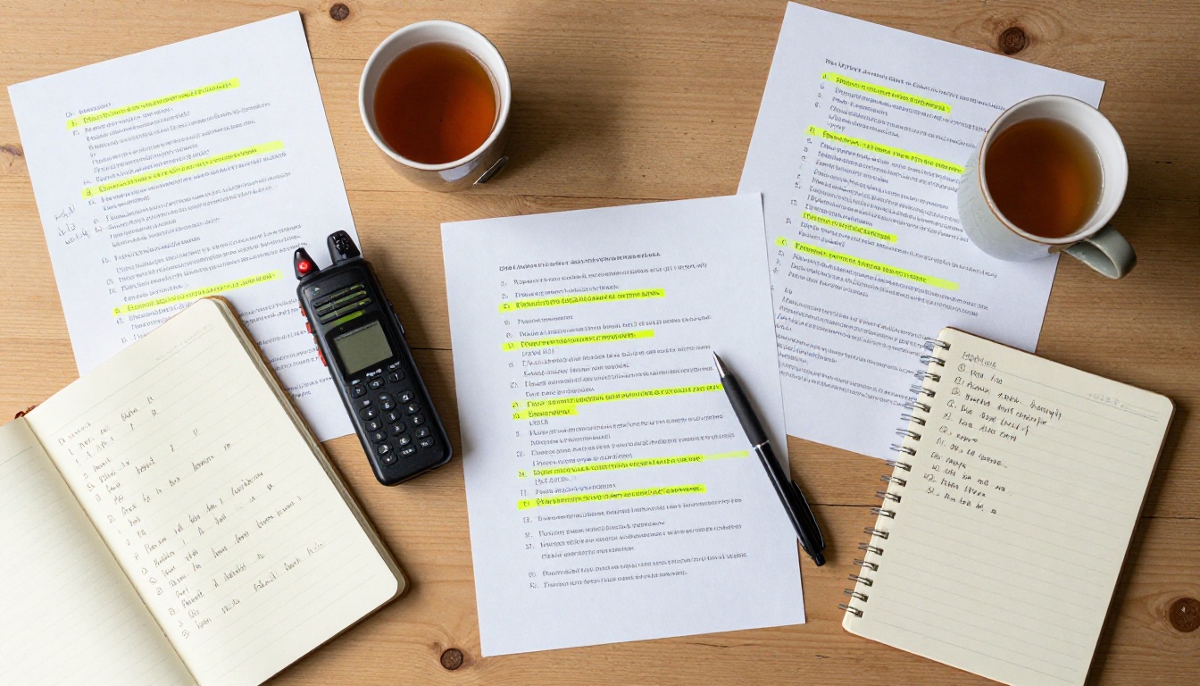 Journalist's desk with voice recorder, printed transcripts, and highlighted notes