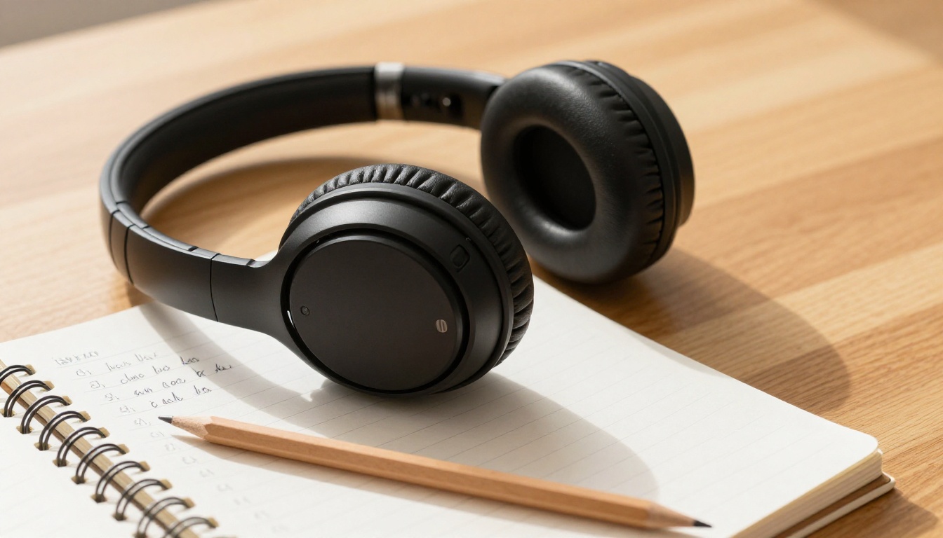 Headphones resting on wood surface next to notebook with handwritten timestamps