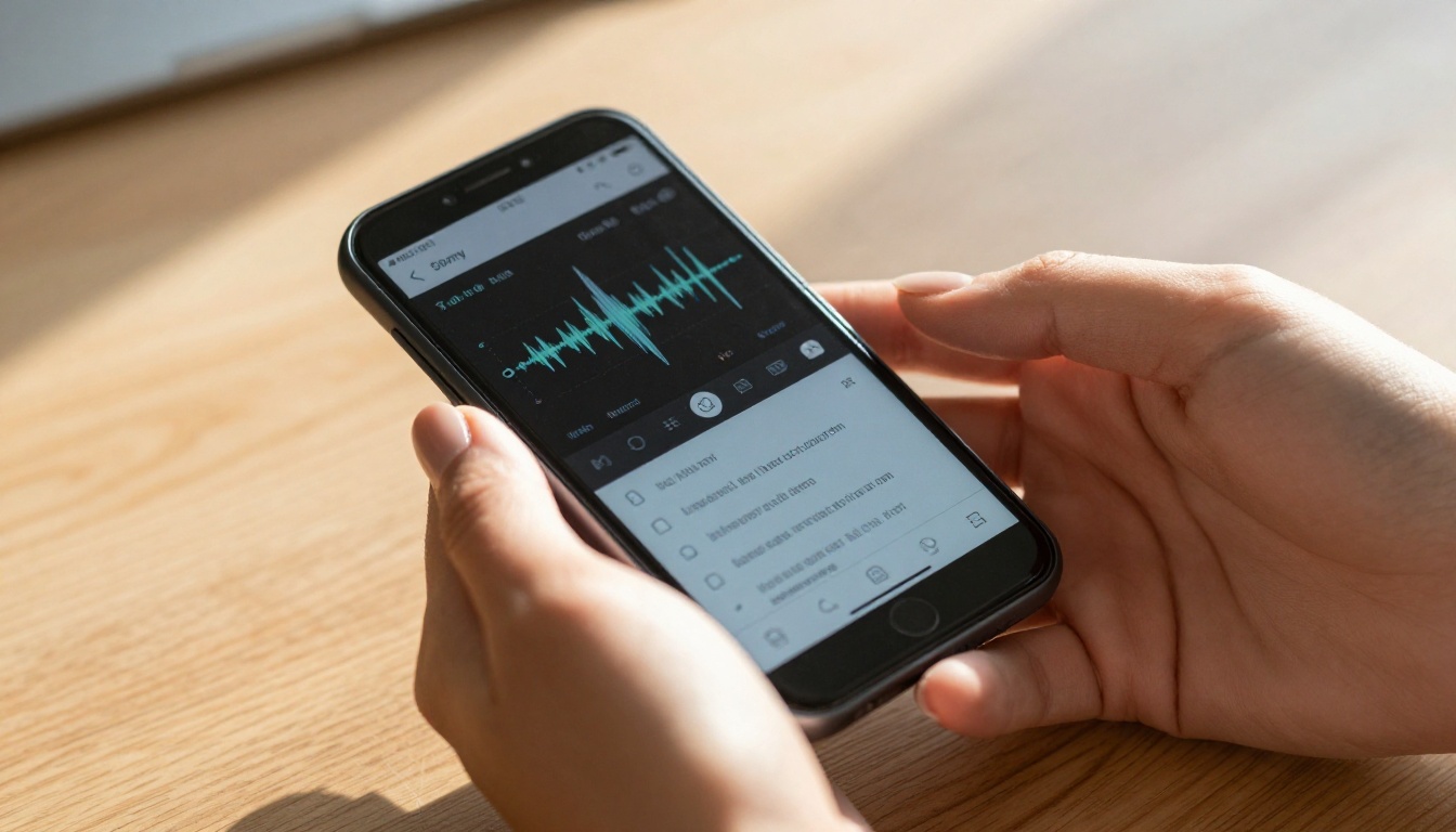 Close-up of hands holding smartphone displaying a live voice transcription interface with waveforms and scrolling text