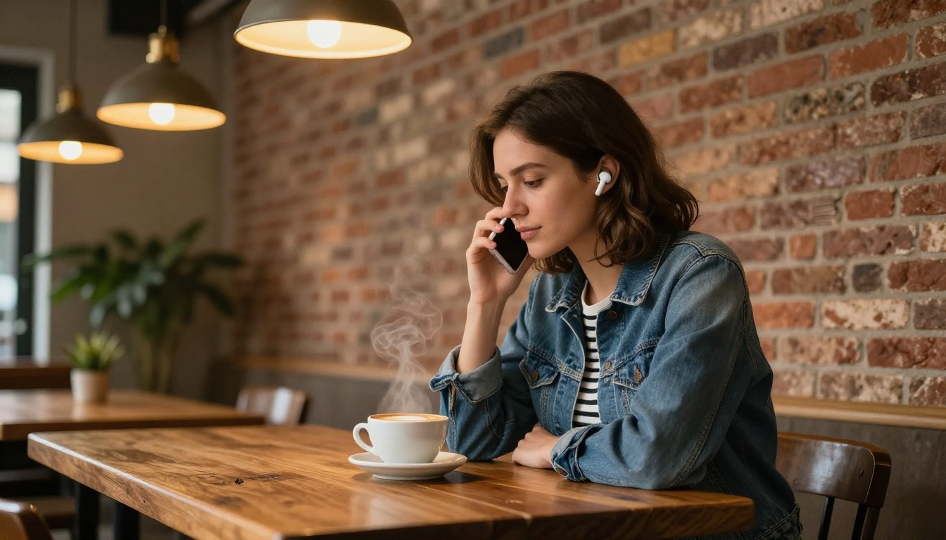 Young woman seated at a rustic wooden café table speaking into her smartphone with one earbud in, warm amber pendant lighting