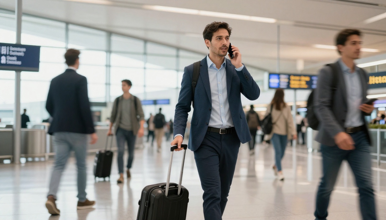Business professional man walking confidently through a busy airport terminal, pulling luggage while speaking into his smartphone