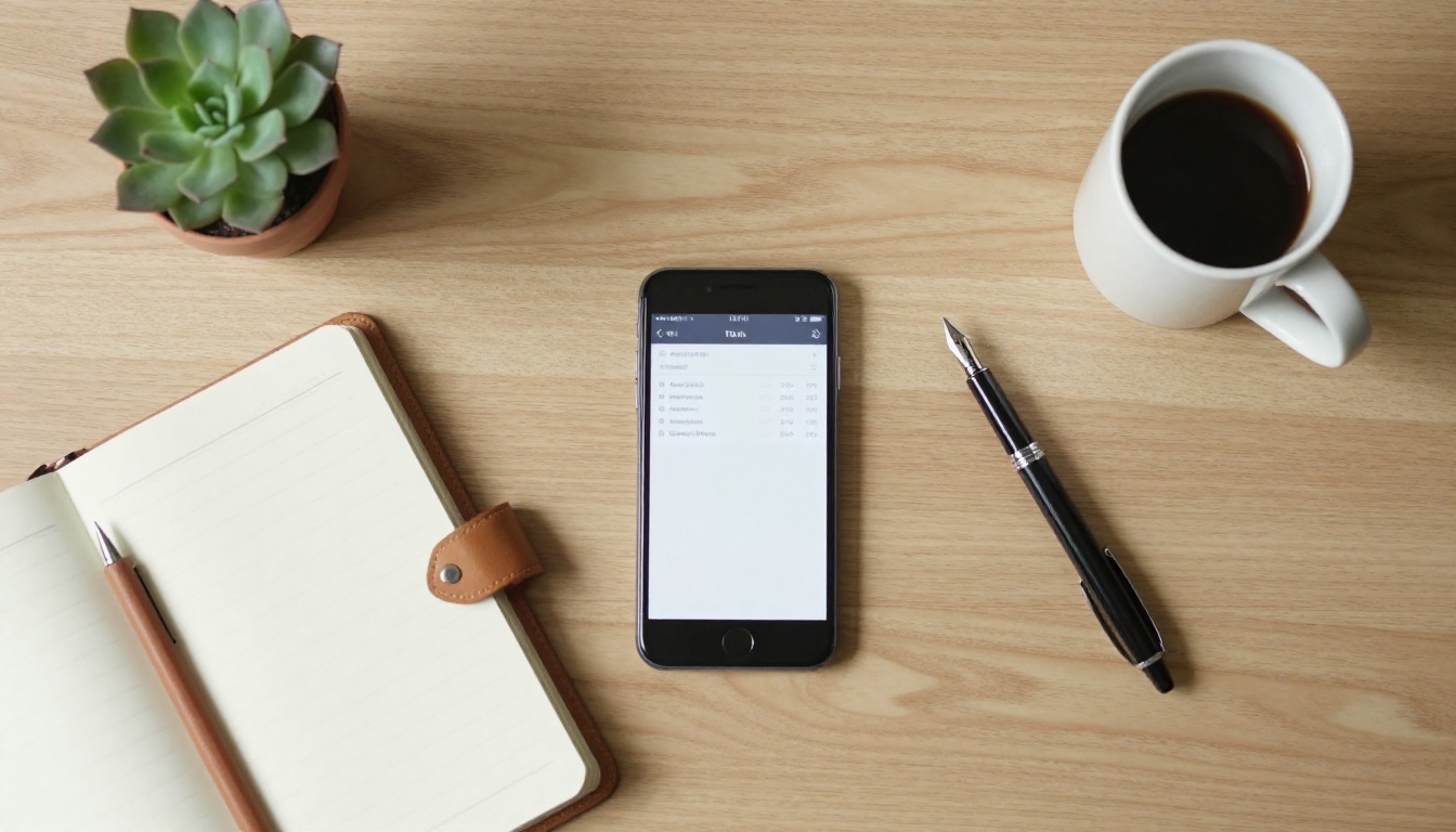 Aerial top-down flat lay of a wooden desk with a smartphone showing transcription text, open leather notebook, pen, succulent plant, and coffee mug