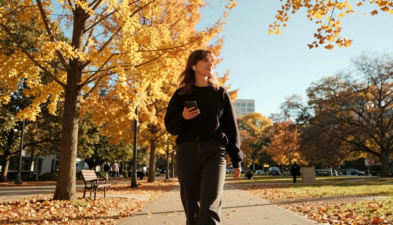 Low-angle shot looking up at a young woman walking through an autumn city park, earbuds in, smartphone in hand, golden fall canopy overhead