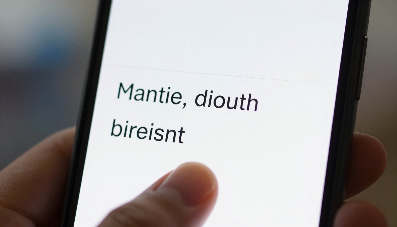 Close-up of smartphone screen showing a voice transcription app with clean text lines appearing in real-time, male fingers visible at bottom edge Close-up of smartphone screen showing a voice transcription app with clean text lines appearing in real-time, male fingers visible at bottom edge
