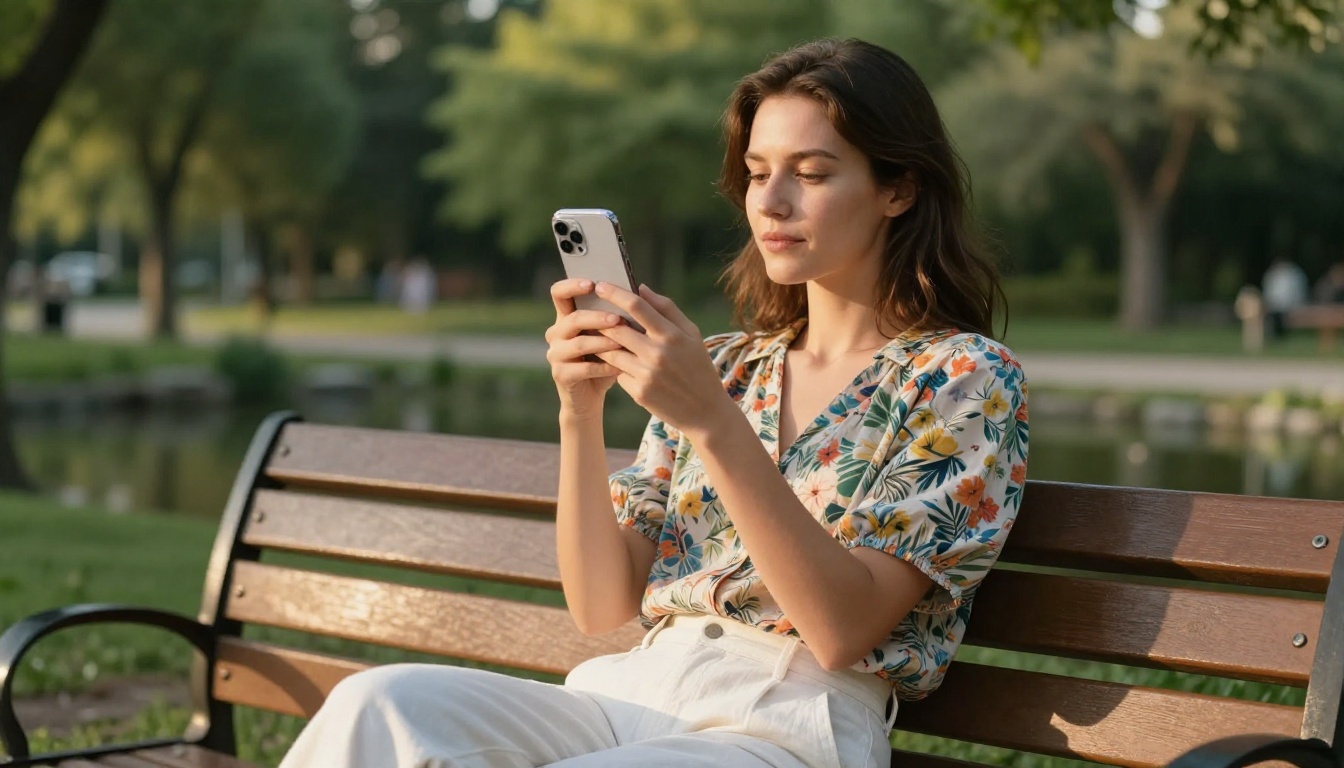 Woman sitting relaxed on a wooden park bench, floral blouse, holding smartphone at mouth level recording a voice memo, tranquil pond in background bokeh Woman sitting relaxed on a wooden park bench, floral blouse, holding smartphone at mouth level recording a voice memo, tranquil pond in background bokeh