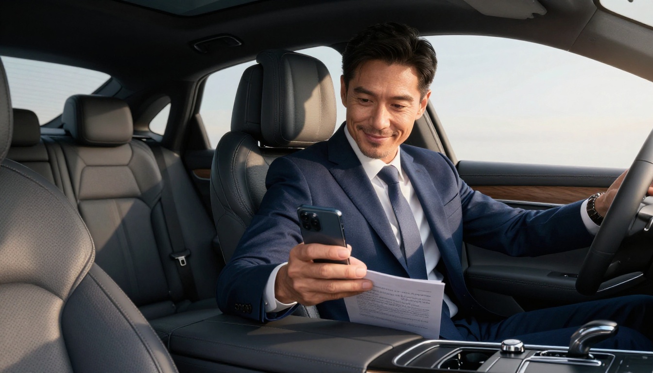 Professional man in his 40s seated in a luxury sedan reviewing transcribed meeting notes on his smartphone, warm late-afternoon window light Professional man in his 40s seated in a luxury sedan reviewing transcribed meeting notes on his smartphone, warm late-afternoon window light
