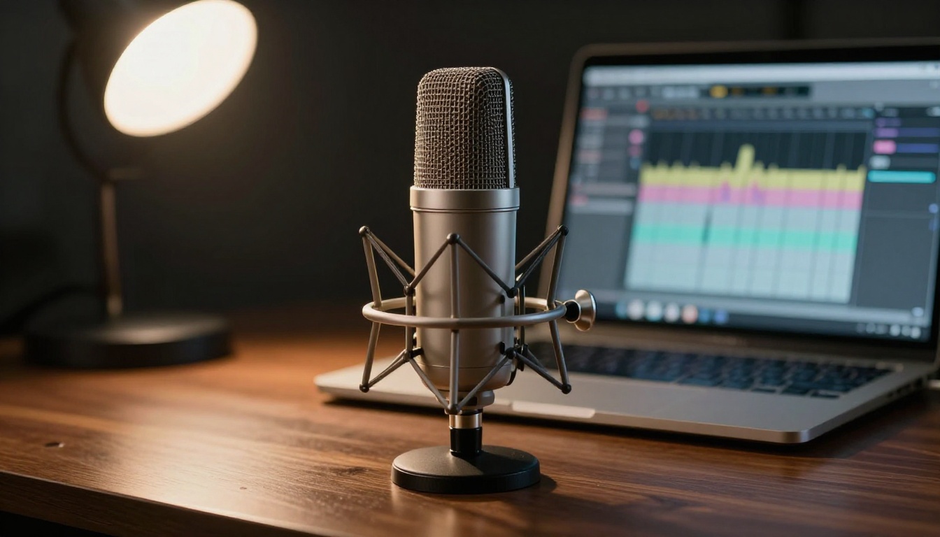 Professional studio condenser microphone on a walnut desk with warm amber side lighting, laptop with audio waveform visible in background blur Professional studio condenser microphone on a walnut desk with warm amber side lighting, laptop with audio waveform visible in background blur