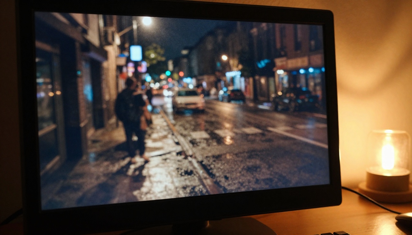 Close-up of a video monitor displaying grainy dark night street footage with heavy ISO noise artifacts
