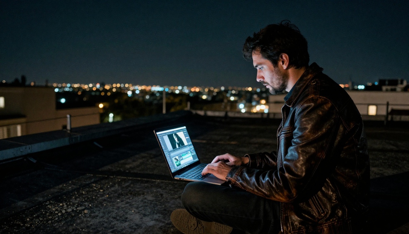 Documentary filmmaker sitting on a rooftop at night reviewing dark grainy footage on a laptop