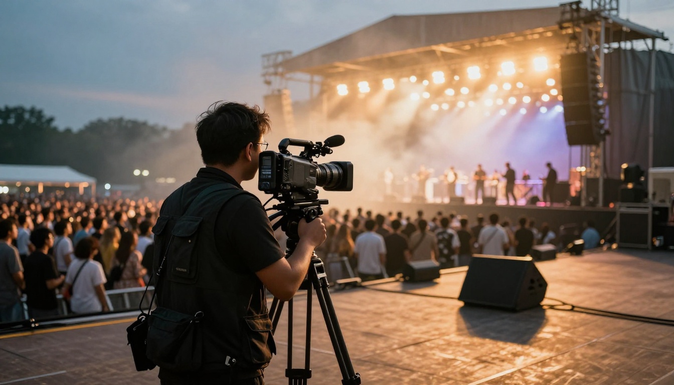 Concert videographer filming from the pit with professional camera on tripod