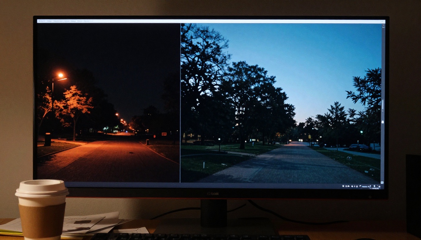 Split-screen comparison on a computer screen showing dark noisy night park footage before and after AI enhancement