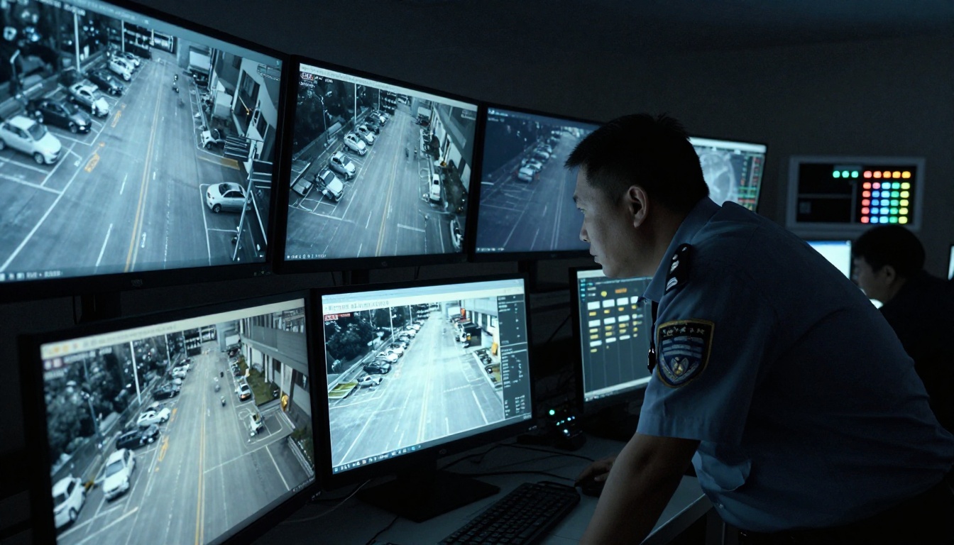 Security control room with multiple monitor screens displaying CCTV night footage, a security officer examining the screens