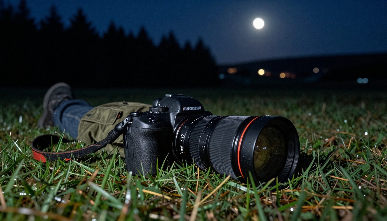 Professional photographer lying on damp grass at night pointing camera toward a dark forest tree line