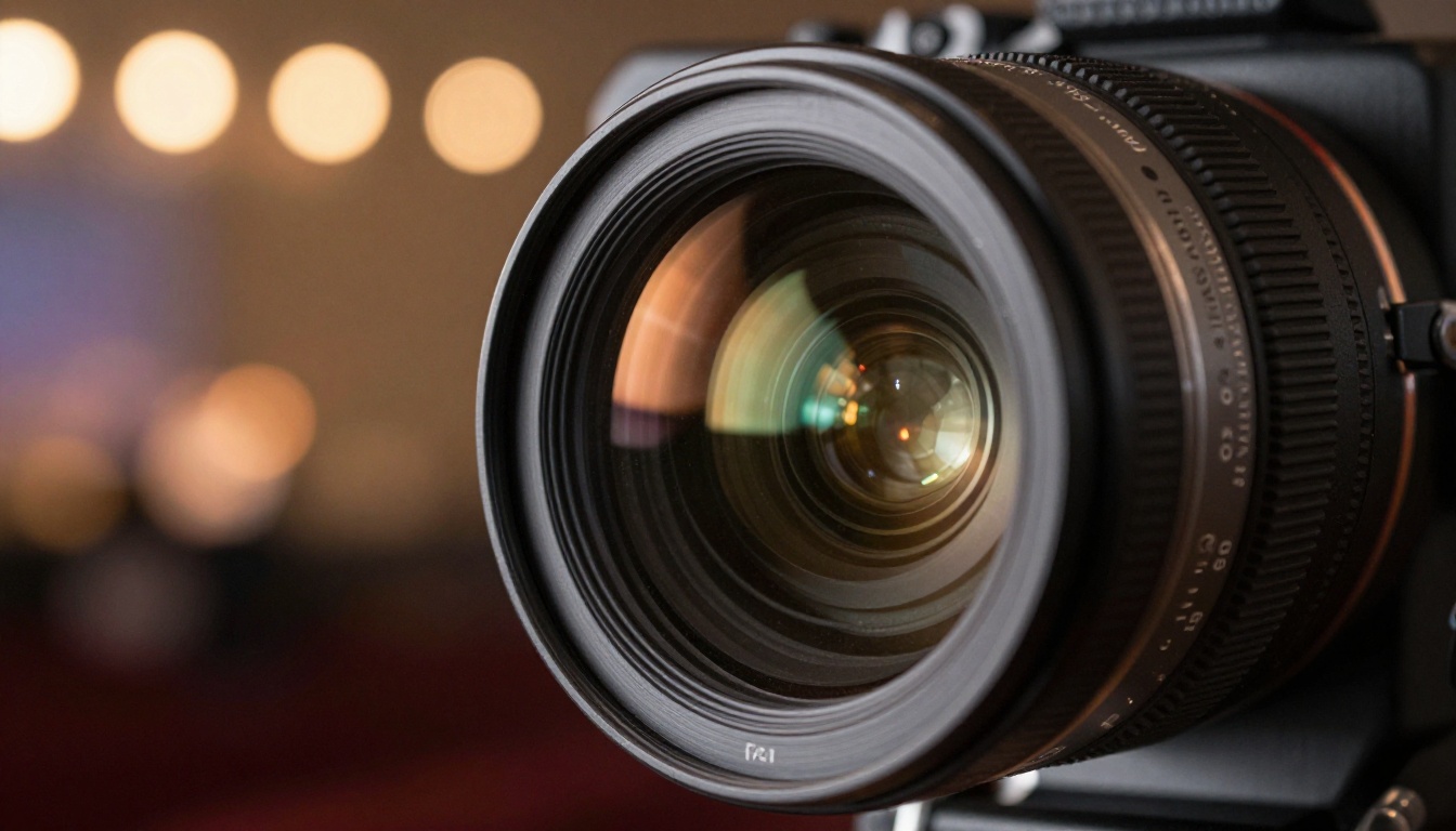 Extreme close-up of professional cinema camera lens at a concert reflecting stage lights