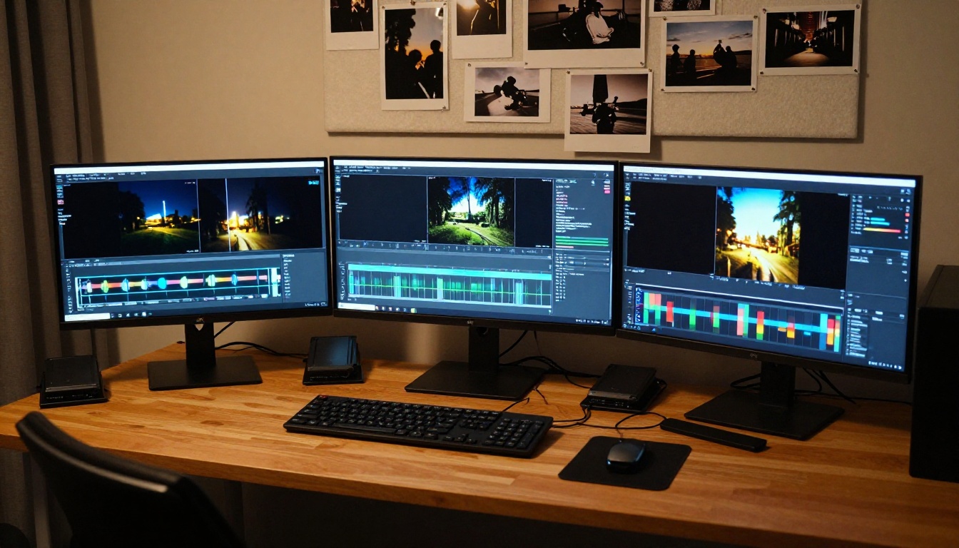 Wide shot of a professional video production workspace at night with multiple color-calibrated monitors showing night footage processing stages Wide shot of a professional video production workspace at night with multiple color-calibrated monitors showing night footage processing stages