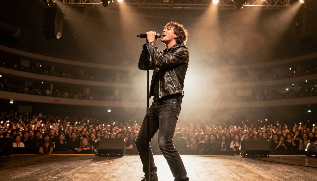 Rock vocalist performing on stage photographed from a dramatic low-angle