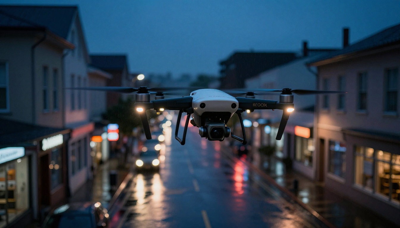 Consumer drone hovering over a dark urban street at dusk, wet asphalt reflecting store signs below Consumer drone hovering over a dark urban street at dusk, wet asphalt reflecting store signs below