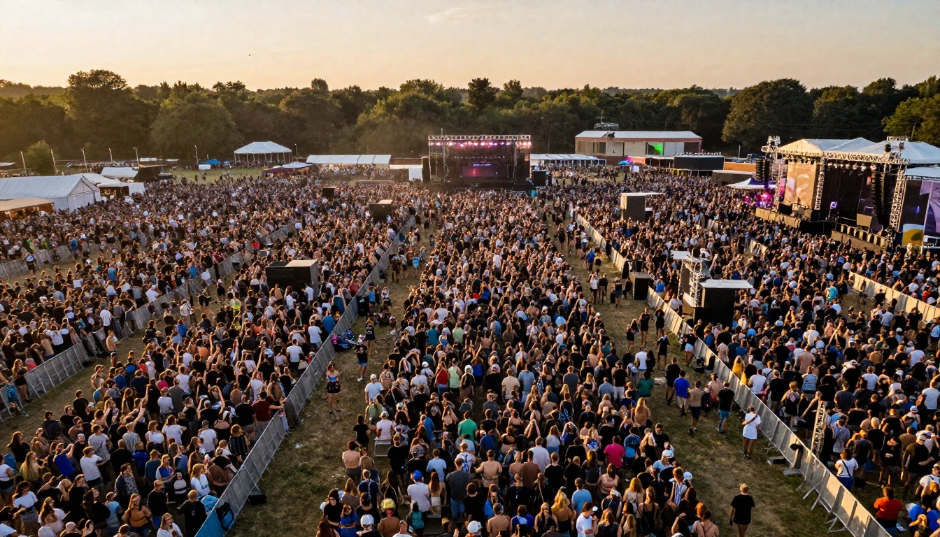 Aerial view of massive outdoor music festival crowd at dusk