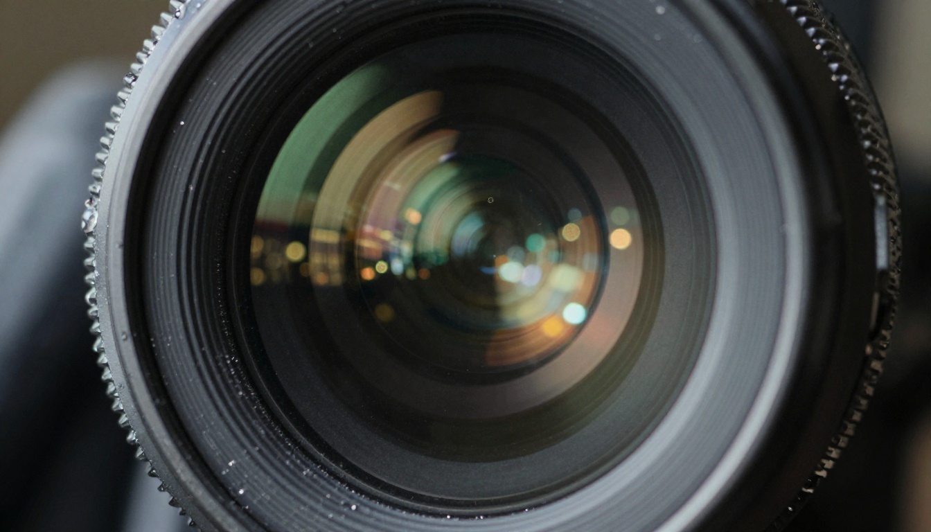 Extreme close-up of a cinema camera lens element at night reflecting a blurry city skyline with bokeh light circles Extreme close-up of a cinema camera lens element at night reflecting a blurry city skyline with bokeh light circles