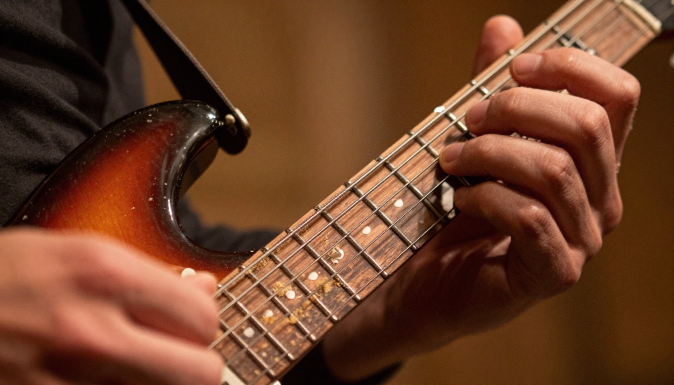 Extreme close-up of guitarist's left hand pressing steel strings during a live concert