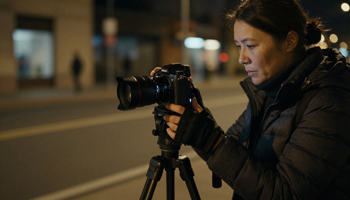 Filmmaker adjusting camera settings on a tripod at night with city lights blurred softly in the distance Filmmaker adjusting camera settings on a tripod at night with city lights blurred softly in the distance