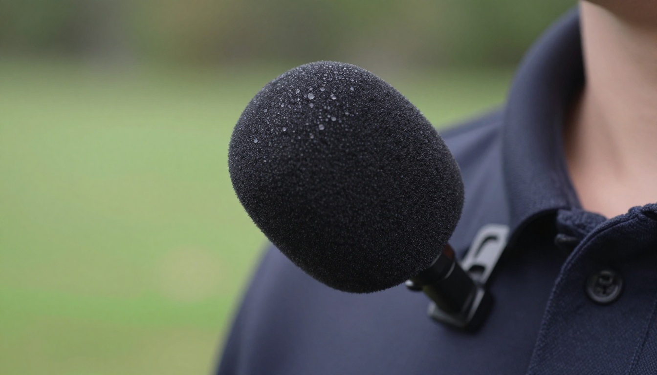 Lavalier microphone with foam windscreen clipped to shirt collar outdoors