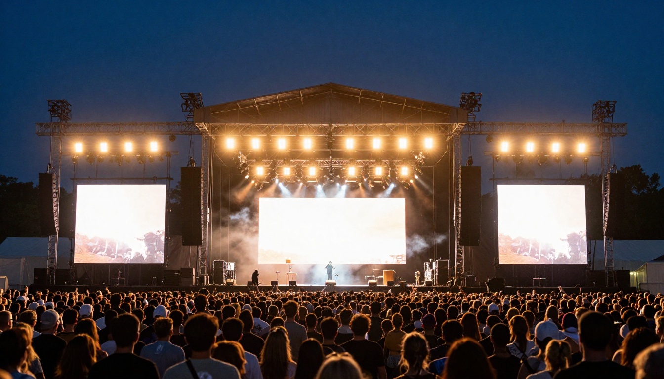Wide establishing shot of outdoor music festival stage at night from the audience Wide establishing shot of outdoor music festival stage at night from the audience