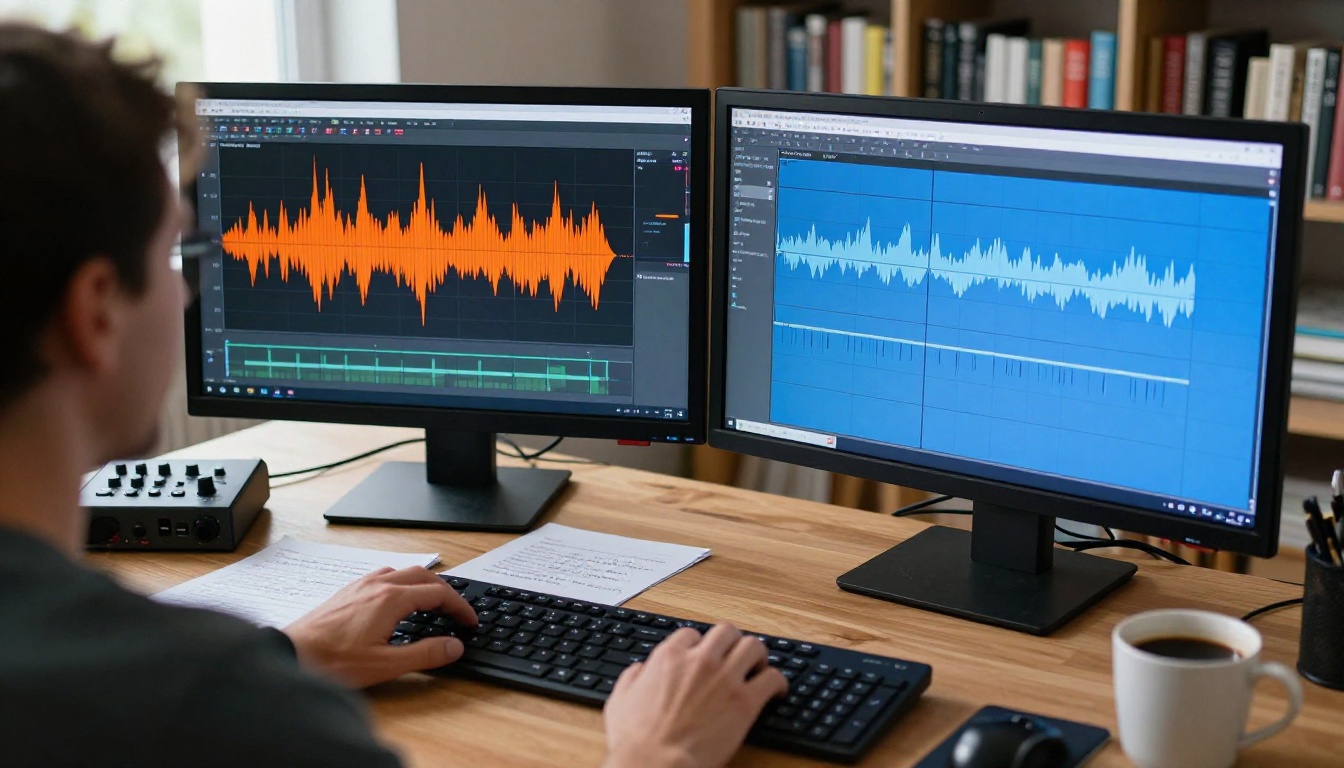 Video editor analyzing waveforms on dual monitor workstation
