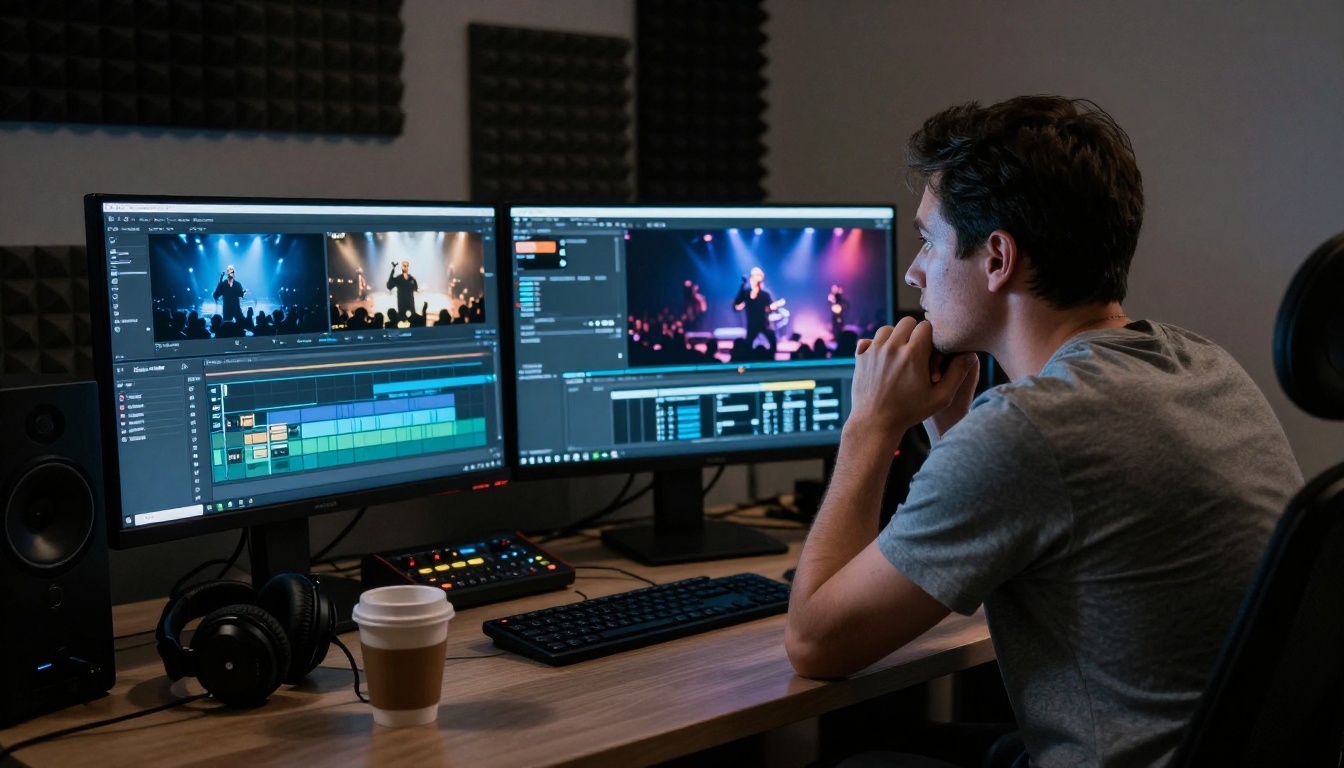 Professional video editor at dual monitor editing suite studying concert footage Professional video editor at dual monitor editing suite studying concert footage