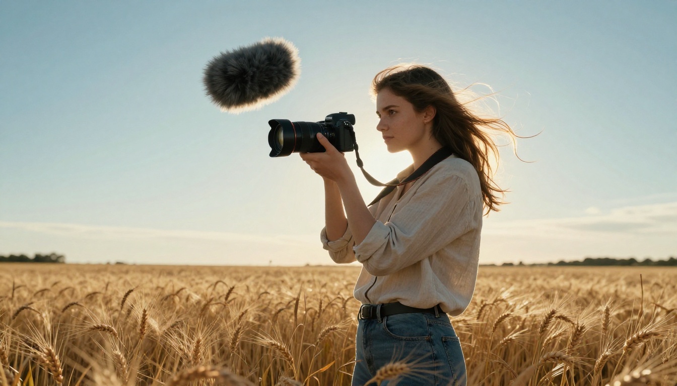Filmmaker in wheat field with furry deadcat windscreen on boom microphone