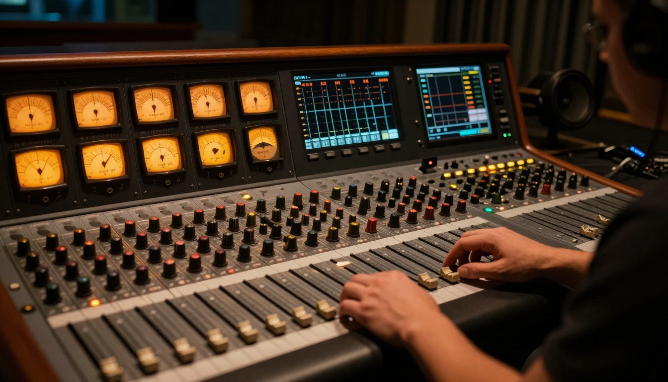 Professional audio engineer at broadcast mixing console with EQ display