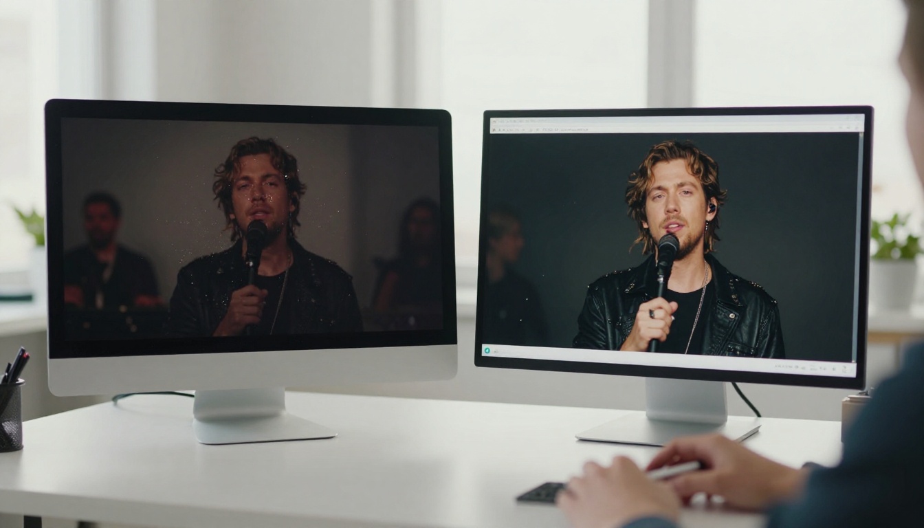 Professional reference monitor showing before and after AI upscaling comparison of concert footage Professional reference monitor showing before and after AI upscaling comparison of concert footage