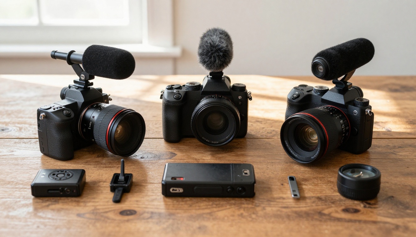 Professional recording gear flat lay on oak wood table