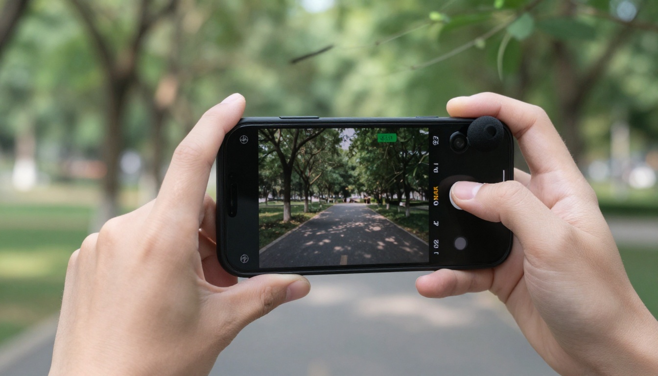 Person holding smartphone outdoors recording with foam wind protection