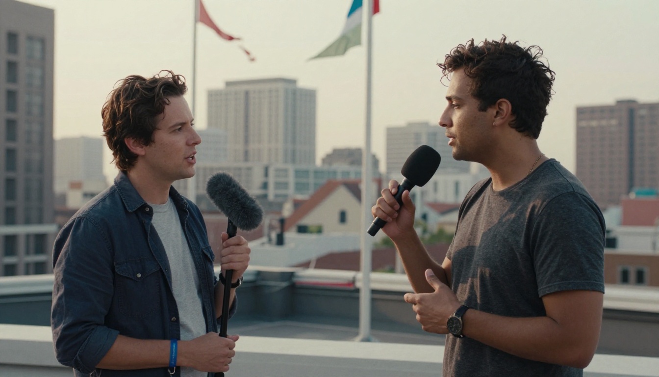 Two-person outdoor interview setup with Rycote windshield on rooftop