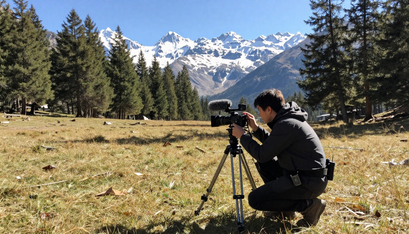 Videographer setting up camera on tripod in mountain meadow