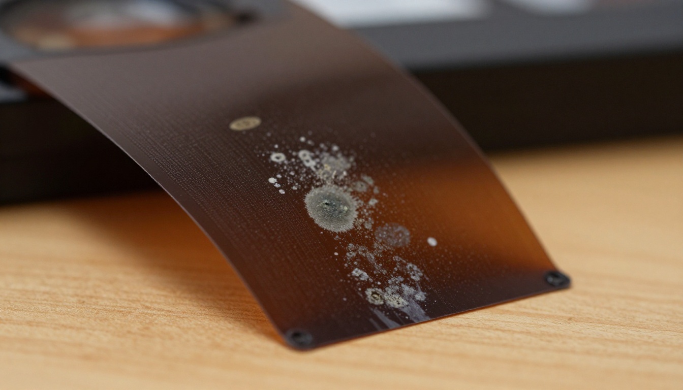 Close-up of VHS magnetic tape ribbon showing visible oxidation and coating decay