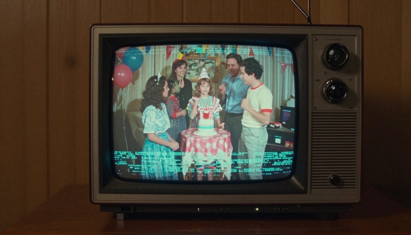 CRT television displaying VHS playback with heavy scan line artifacts and washed-out colors in a 1980s living room