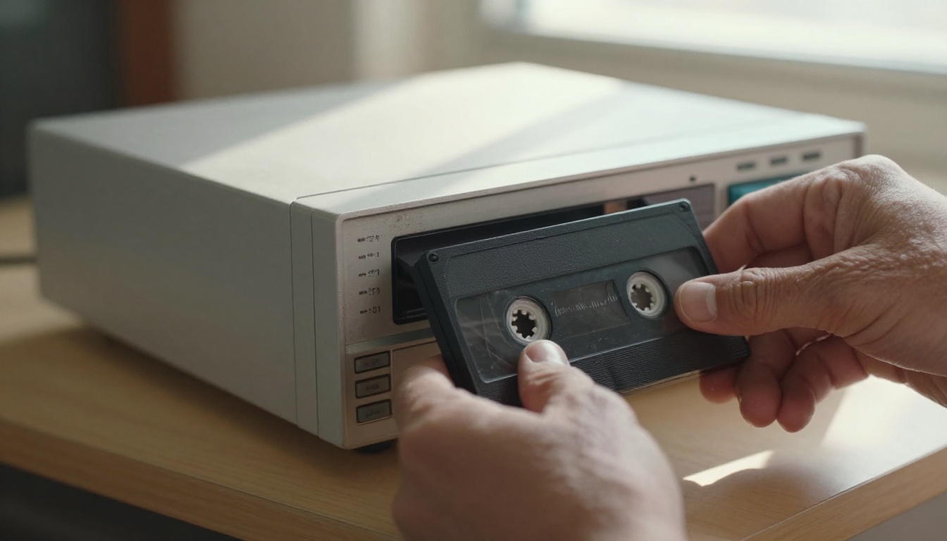 Hands carefully inserting a labeled VHS cassette tape into a VCR machine in a home setting
