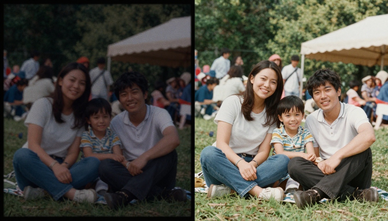 Split-frame comparison showing original degraded VHS footage on the left versus AI-restored clarity on the right