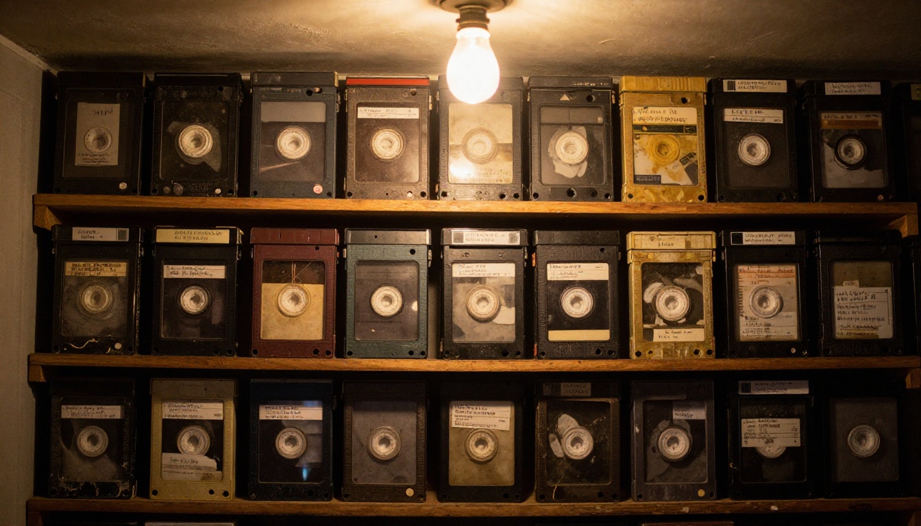 Rows of old VHS tapes with handwritten labels stacked on shelves in a dimly lit storage room