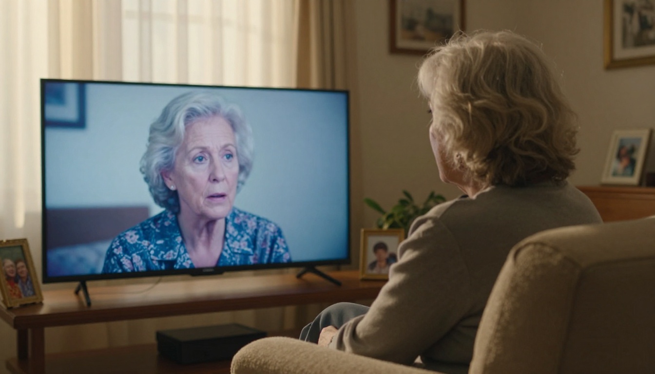 Elderly woman watching beautifully restored home video footage on a modern television with visible emotion and nostalgia